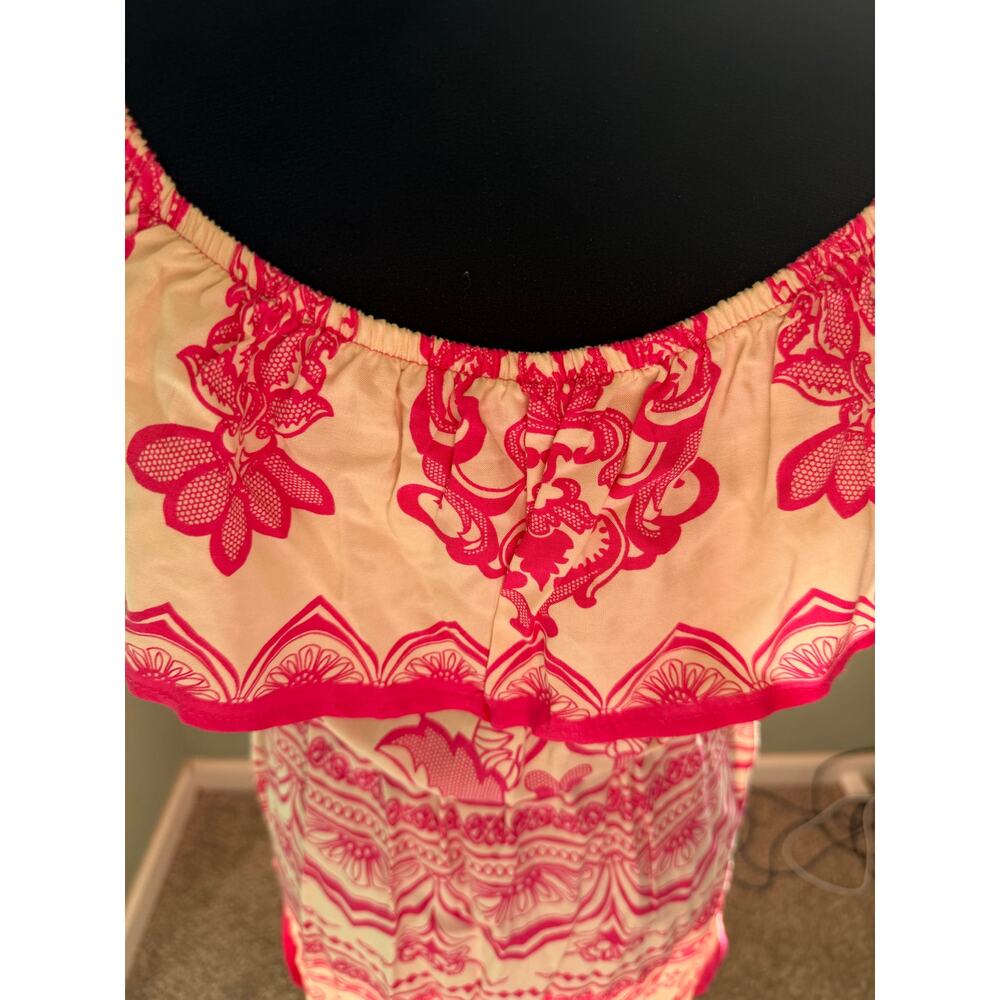 Flying Tomato Large Pink White Floral Print Off Shoulder Peasant Boho Mini Dress - Picture 4 of 8